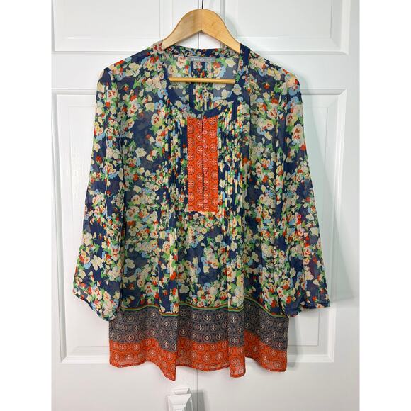 Daniel Rainn Blouse Womens Pullover Floral Roll Tab Sheer Multicolor XL - Picture 1 of 5
